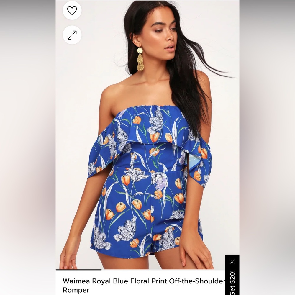 Lulus Waimea Royal Blue Floral Print Off-the-Shoulder Romper size medium